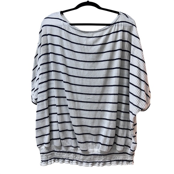 Tops - Womens White‎ Navy Striped Waffle Knit Smocked Hem Dolman Sleeve Boat Neck Top